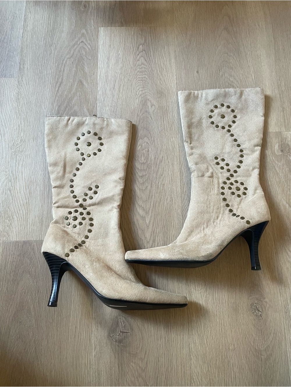 Women's Beige Suede Mid-Calf Heeled Boots with Stud Detail